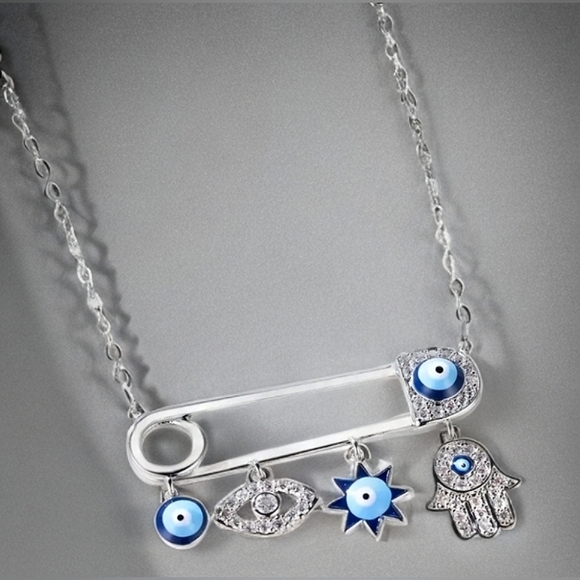 Trendy 925 Sterling Silver Plated Boho Evil Eye Pendant Safety Pin Necklace - Picture 2 of 8